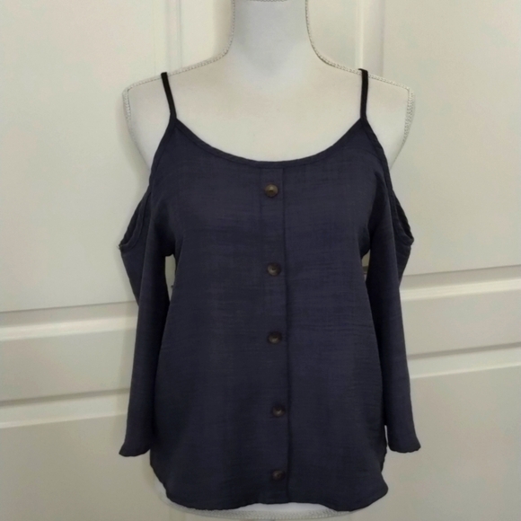 Shinestar women's medium cold shoulder skinny strap blue blouse faux buttons - Picture 1 of 10